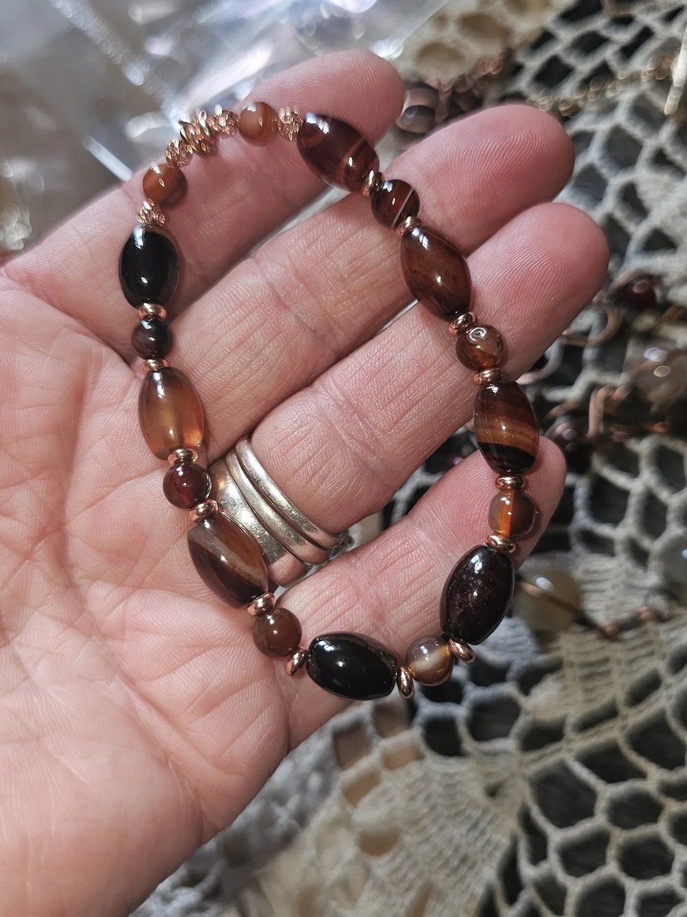Gold-Tone Brown Agate Beaded Bracelet - Unbranded